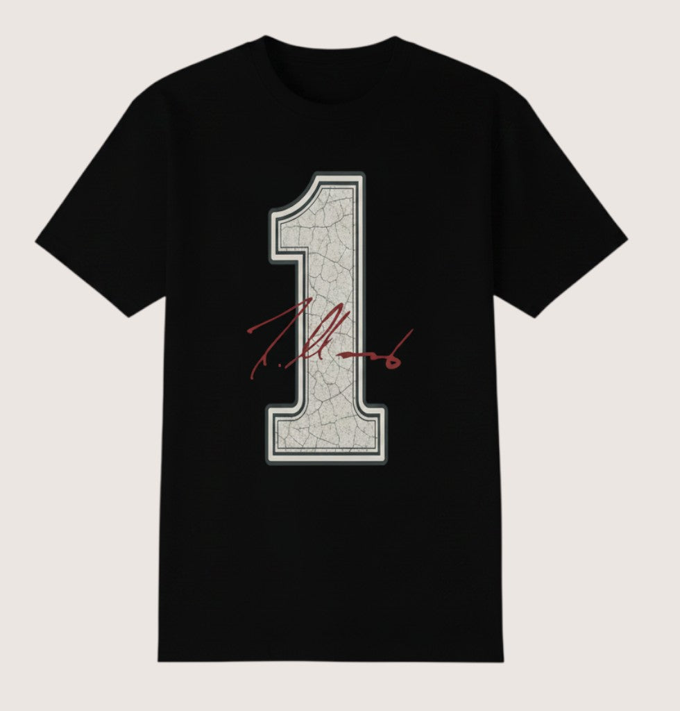 Athlete Xclusive black cotton tee with cracked '1' graphic and signature on back. Dri-Fit lining.