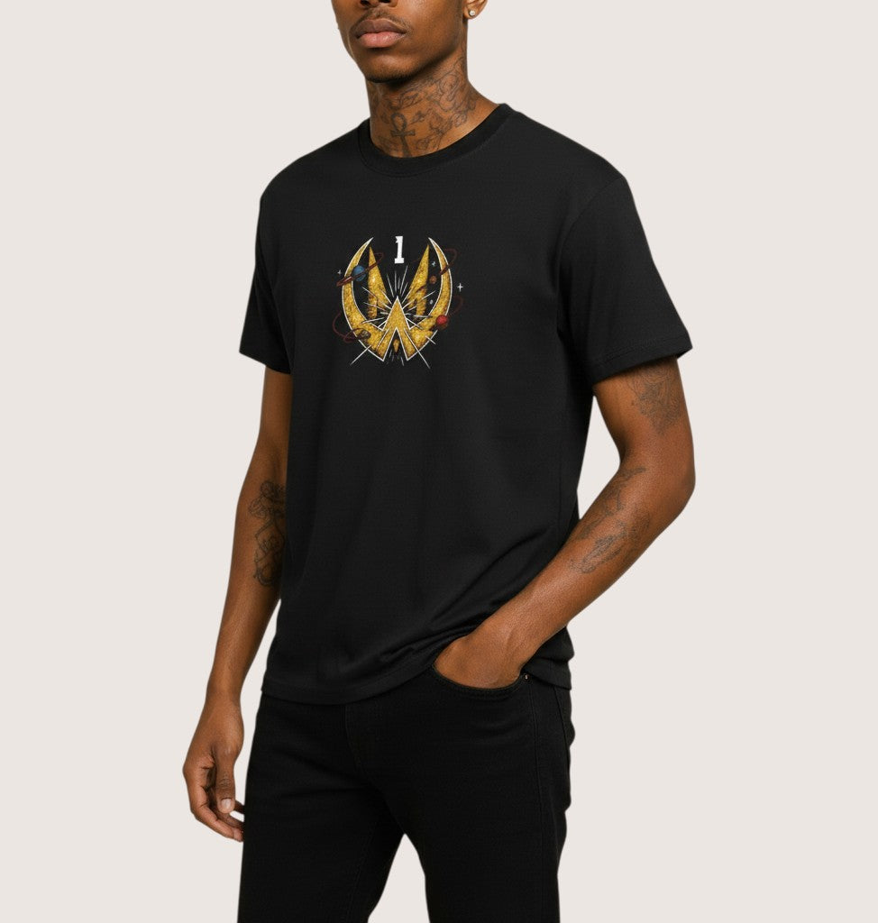 Athlete Xclusive black cotton t-shirt with a gold comic-style graphic featuring the number 1 and a planet-like design.