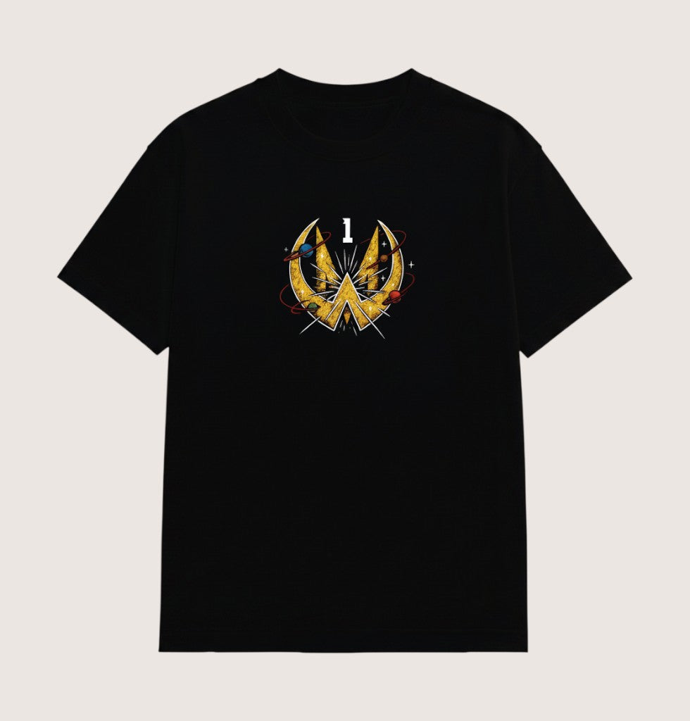 Athlete Xclusive black cotton t-shirt with a gold graphic featuring the number 1 and planets in a comic book style.