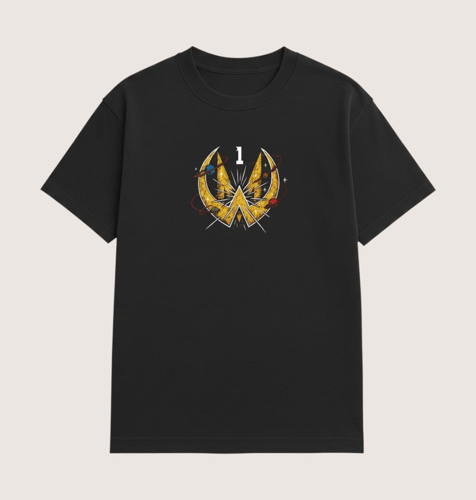 Athlete Xclusive black 100% cotton t-shirt with a gold comic-style graphic featuring a stylized 'W' with planets and stars.