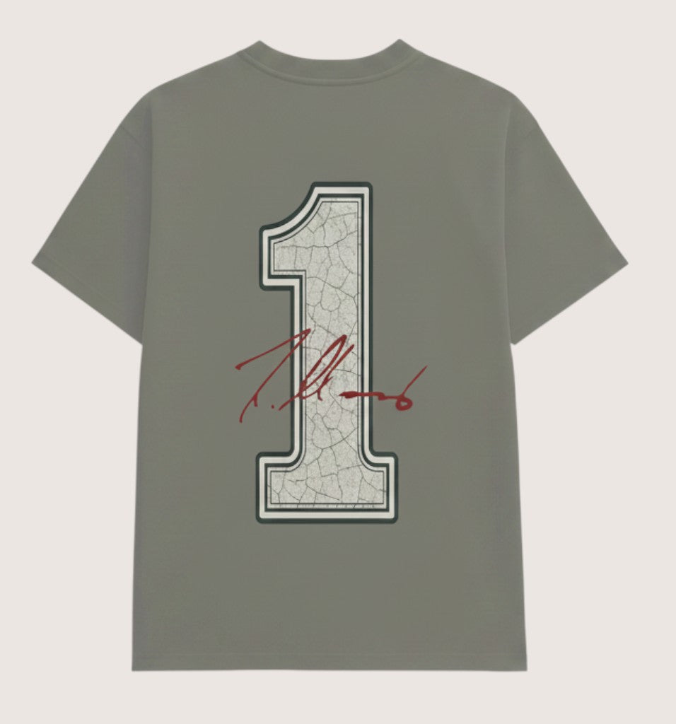 Athlete Xclusive grey cotton blend t-shirt with cracked texture '1' graphic and red autograph on back.