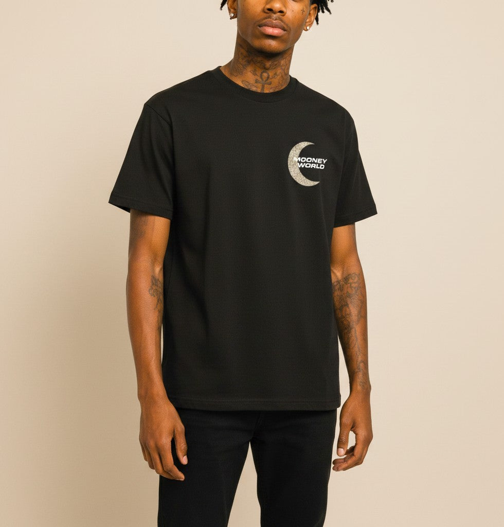 Athlete Xclusive black cotton t-shirt with Mooney World crescent moon logo on chest and number 1 graphic on back.