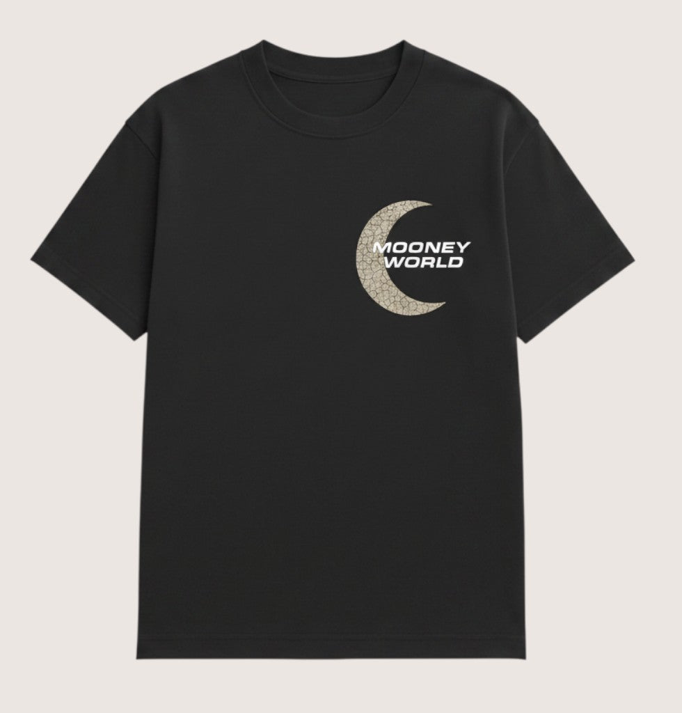 Athlete Xclusive black cotton blend t-shirt with Mooney World crescent moon logo on front and number 1 graphic on back.