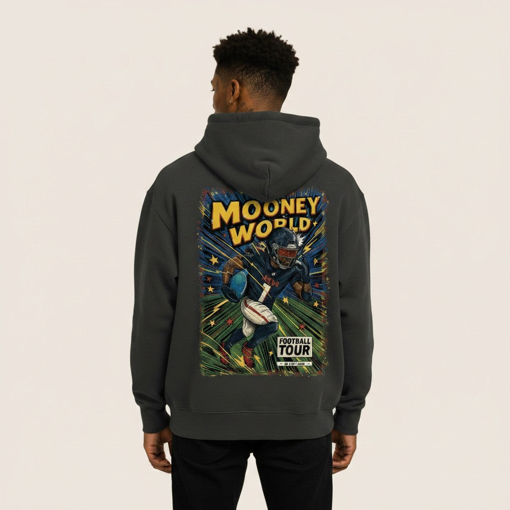 Athlete Xclusive dark grey heavyweight hoodie with a comic book style graphic of a football player running with the ball, text reads Mooney World Football Tour.