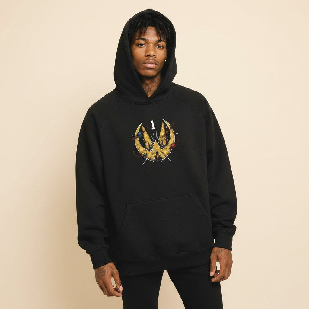 Athlete Xclusive black heavyweight hoodie with a gold comic book graphic featuring the number 1 and planets.