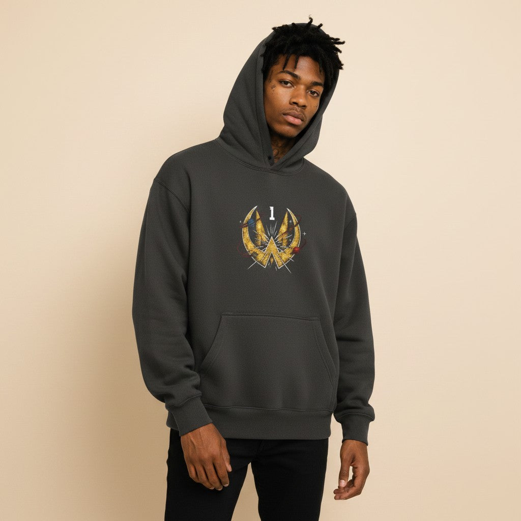 Athlete Xclusive Mooney World Comic Book Hoodie in charcoal grey with a gold graphic featuring Mooney holding the world.