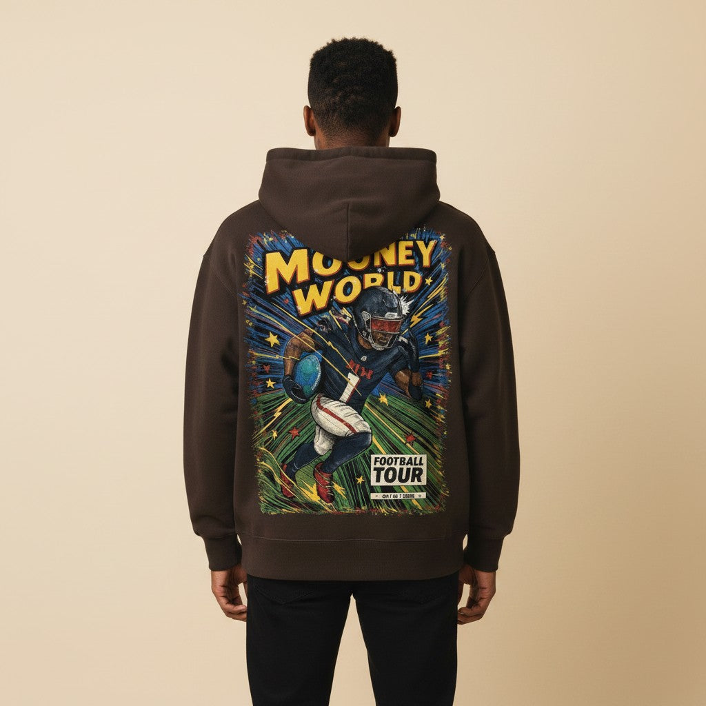 Athlete Xclusive brown heavyweight hoodie with a comic book style graphic of a football player running.