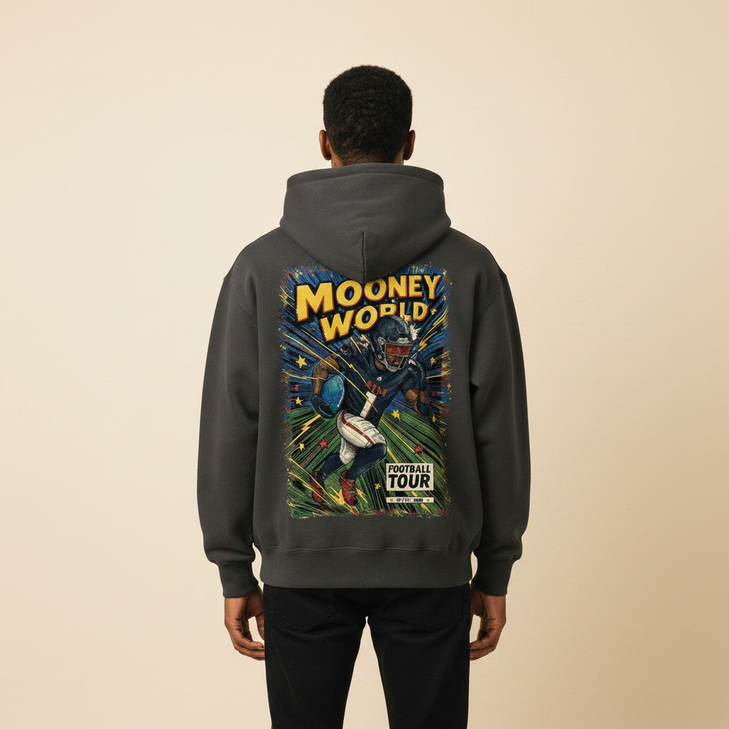 Athlete Xclusive Mooney World comic book graphic hoodie, dark grey, heavyweight cotton blend, oversized fit.
