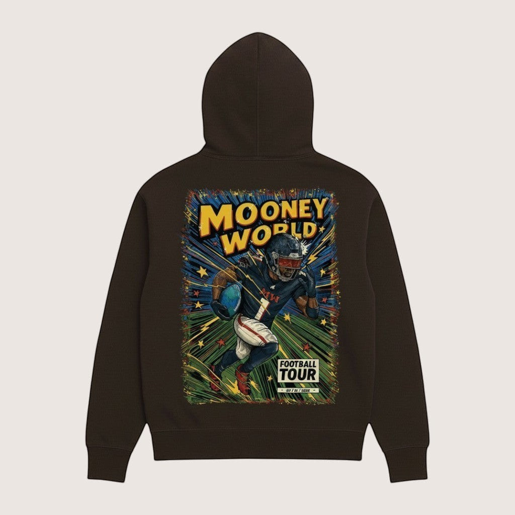 Athlete Xclusive brown heavyweight hoodie with Mooney World comic book graphic of a football player running.