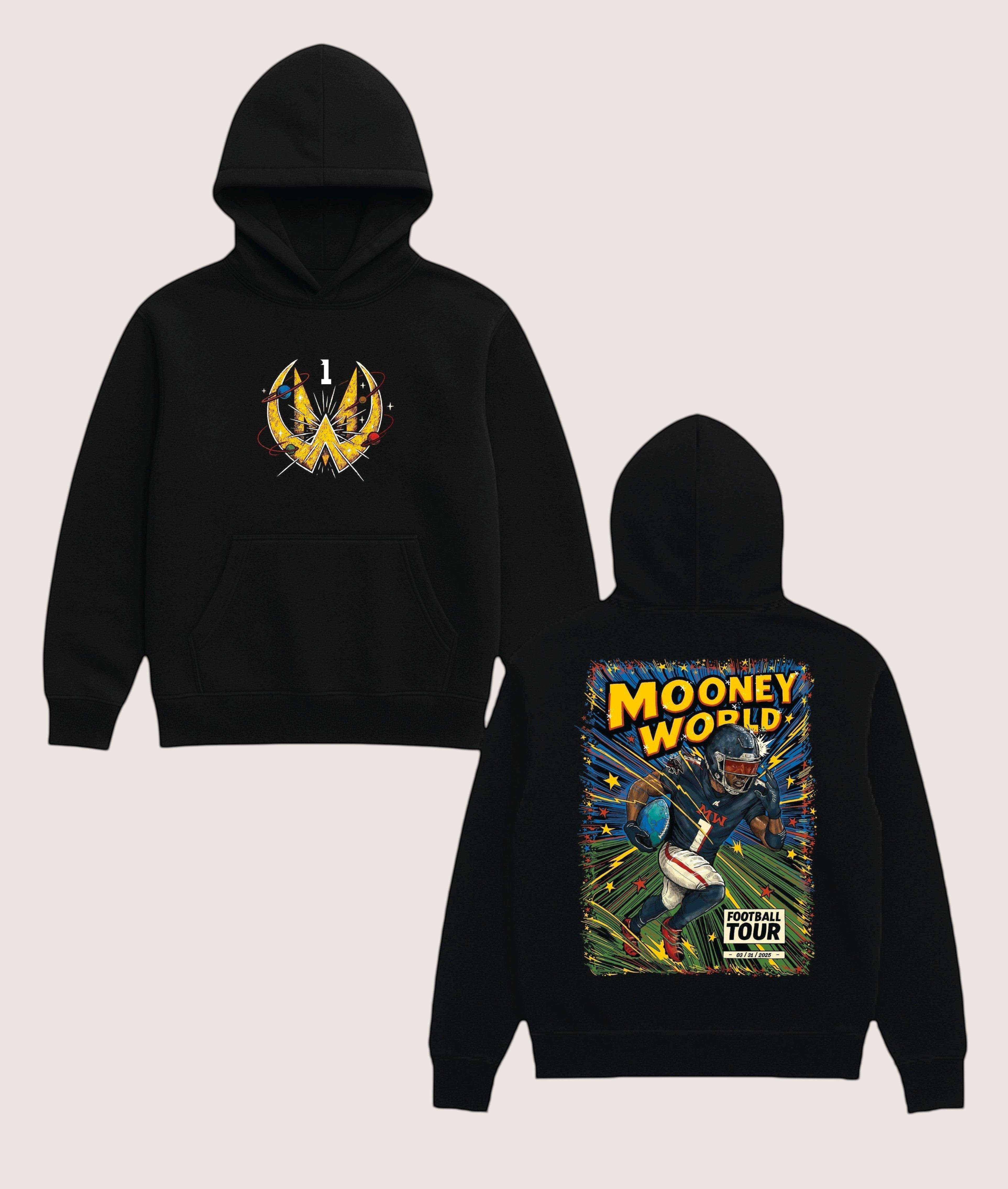 Athlete Xclusive black heavyweight hoodie with a comic book graphic of a football player on the back and a logo on the front.