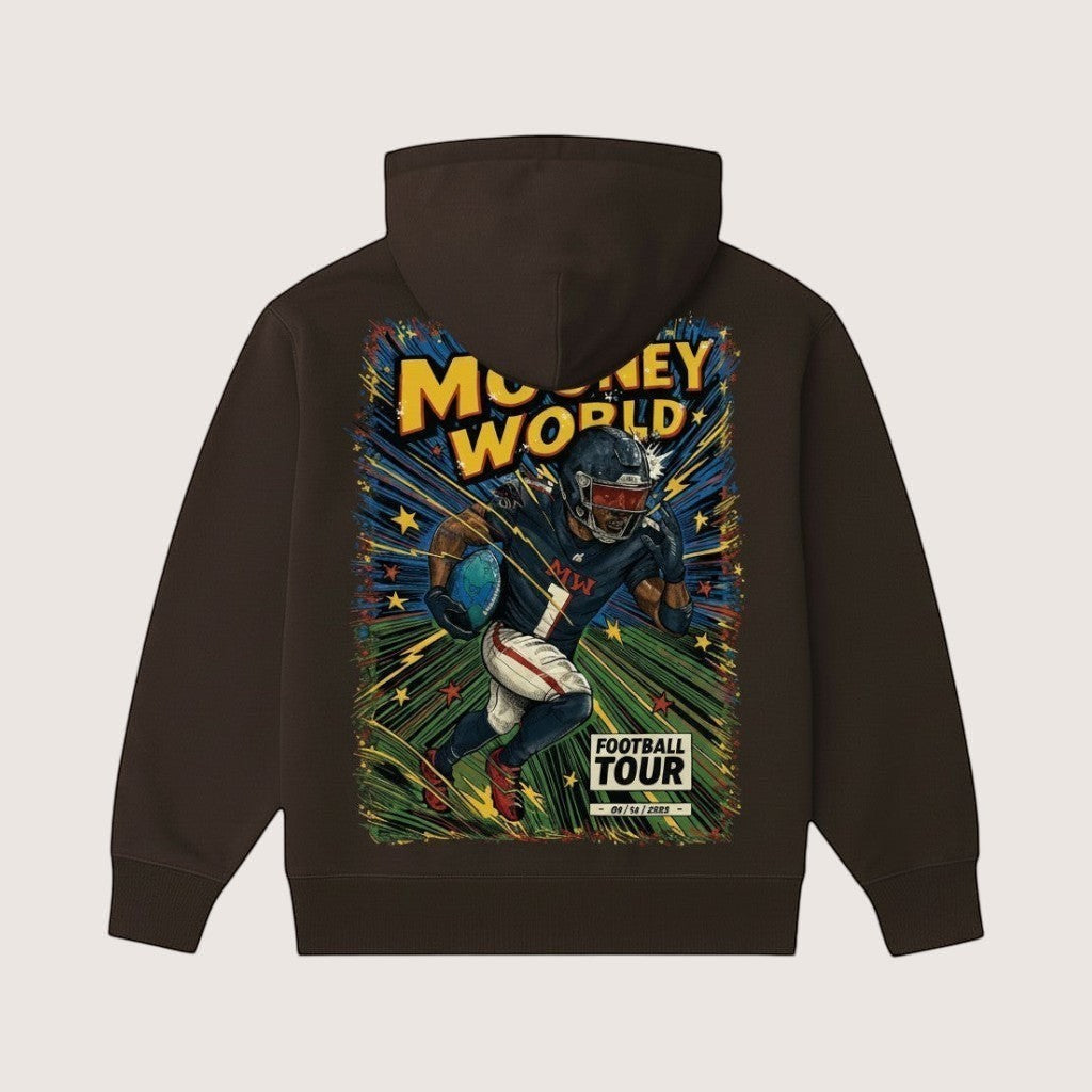 Athlete Xclusive Mooney World Football Tour comic graphic hoodie in brown. Features a football player running with a ball.