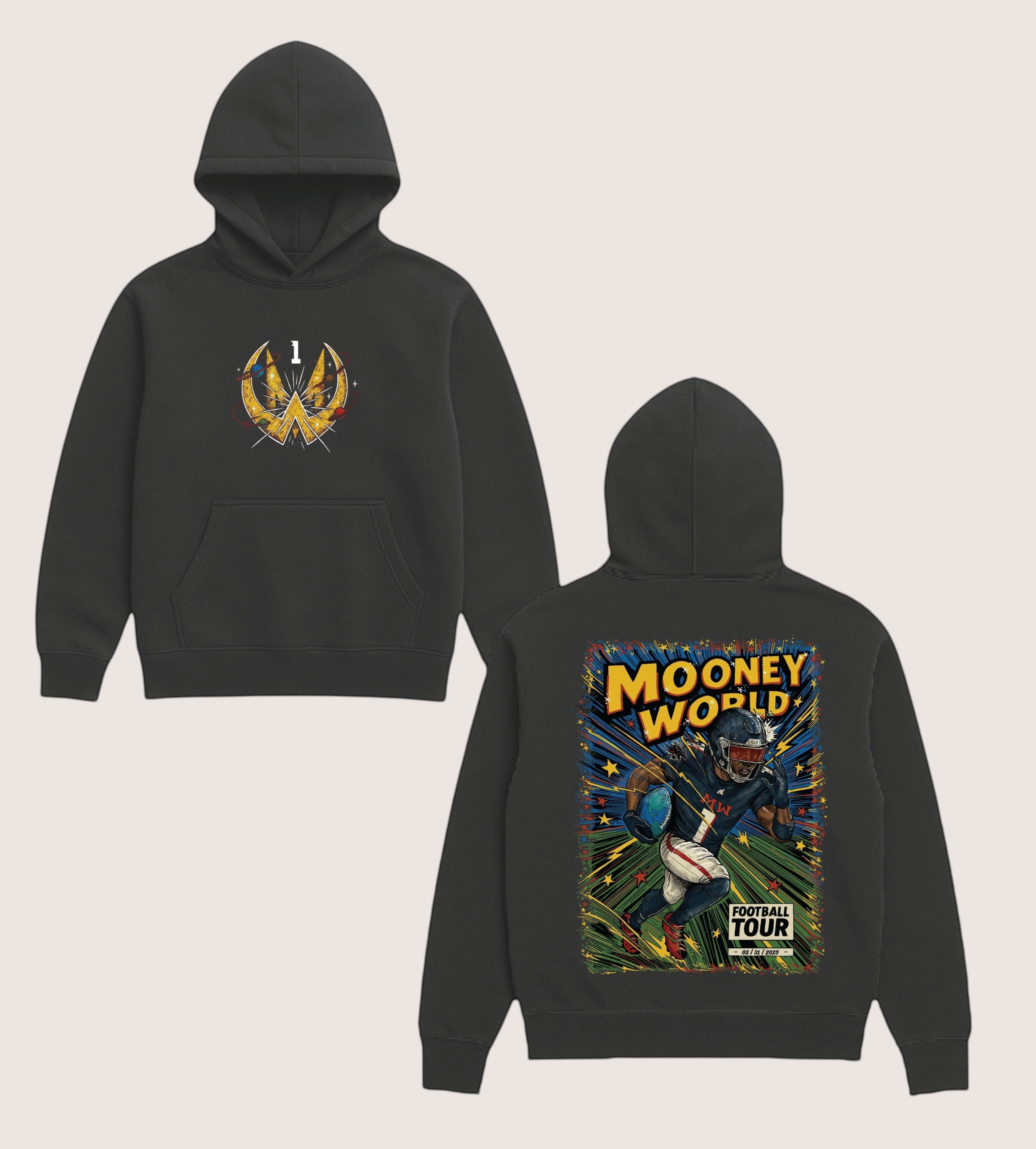 Athlete Xclusive dark grey heavyweight cotton hoodie with Mooney World comic graphic on back and logo on front.