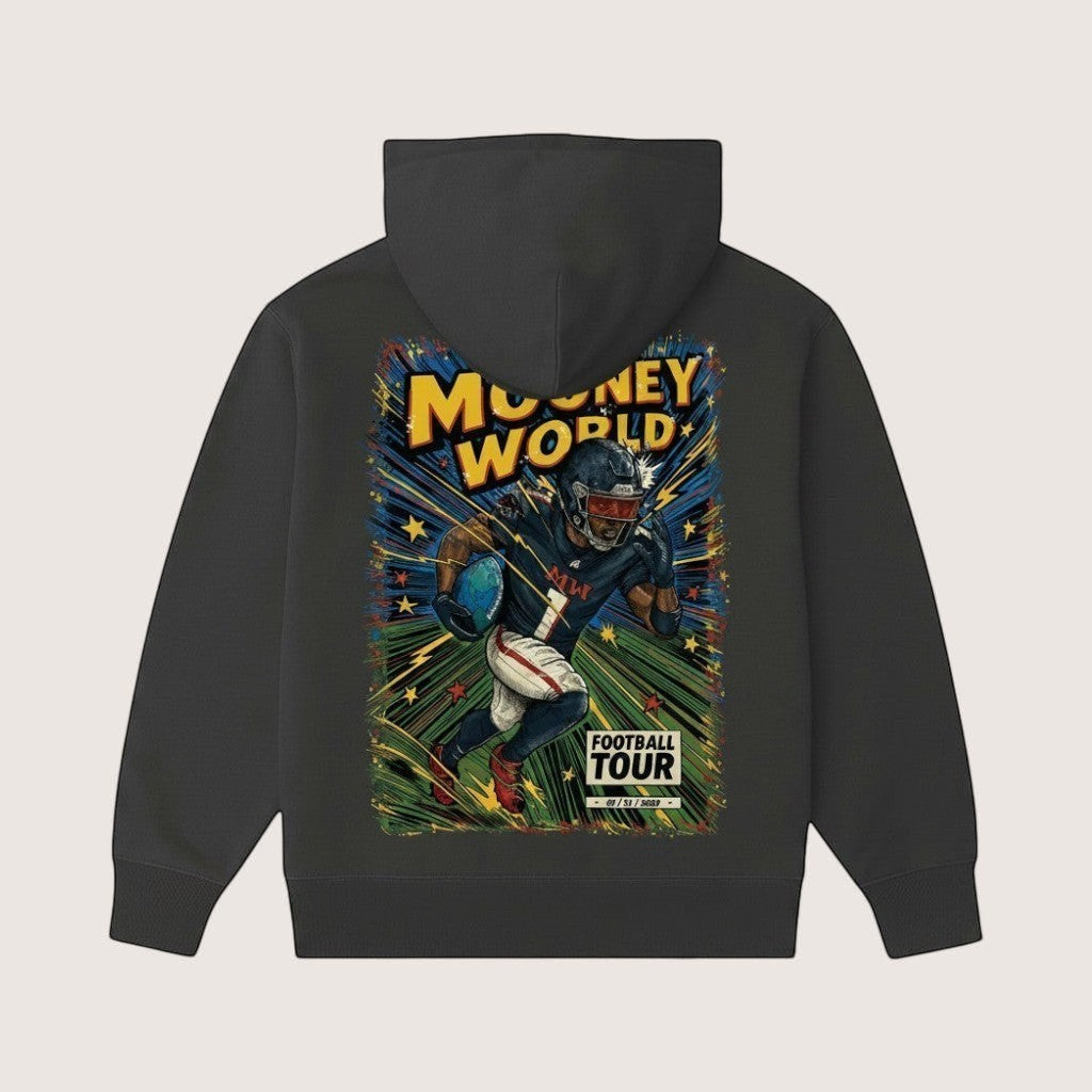 Athlete Xclusive dark grey heavyweight hoodie with Mooney World comic book graphic of a football player running.