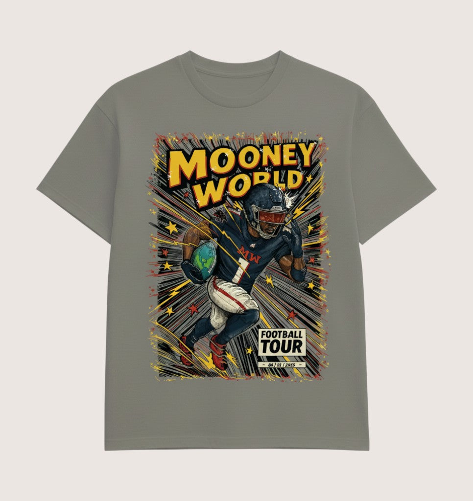 Athlete Xclusive Mooney World Football Tour comic tee. Features a football player in mid-stride holding a globe.