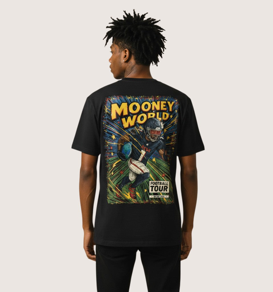 Athlete Xclusive Mooney World Football Tour graphic tee. Black cotton t-shirt with a comic-style print of a football player running.