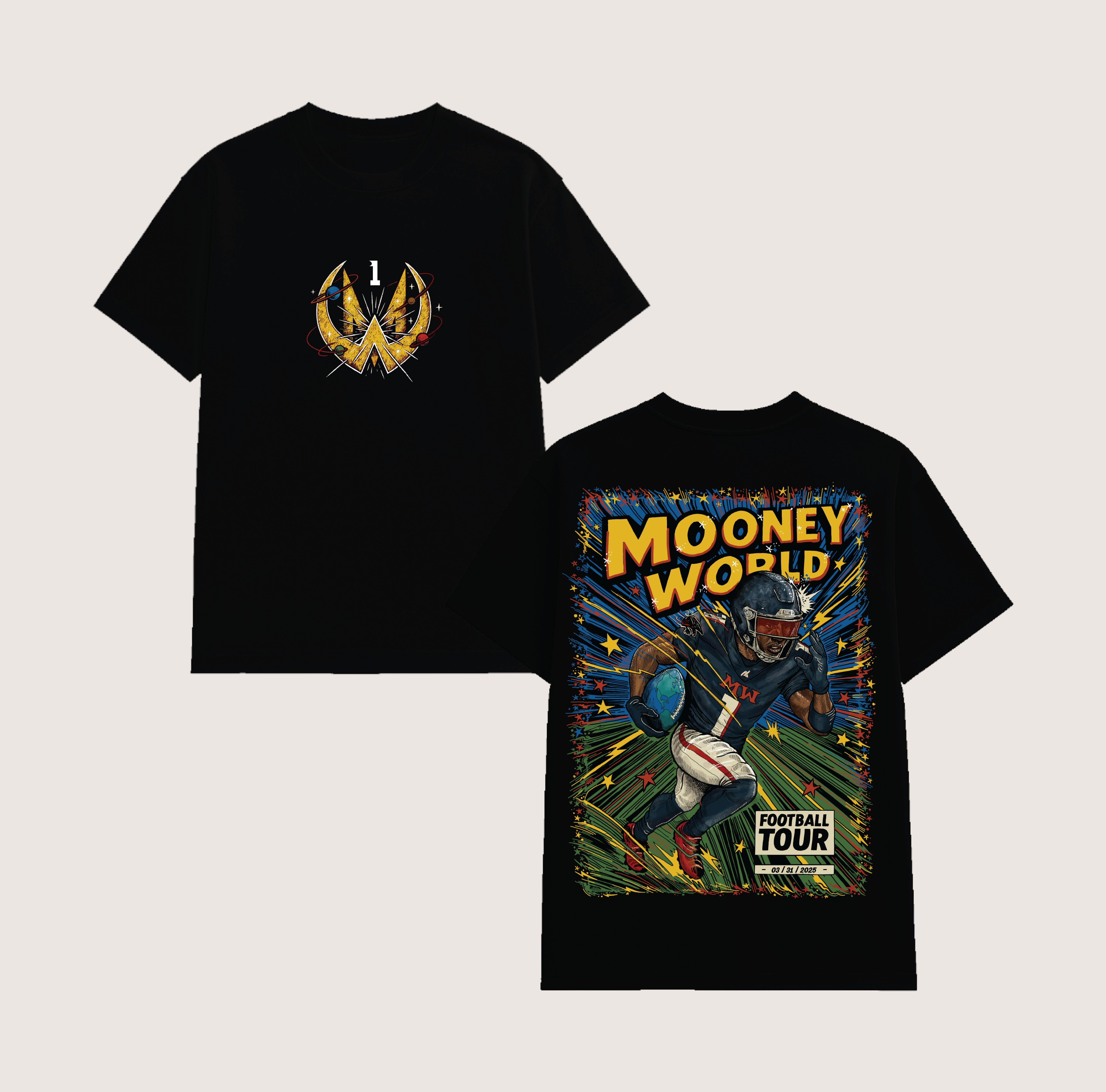 Athlete Xclusive black cotton t-shirt with Mooney World Football Tour comic-style graphic print on back.