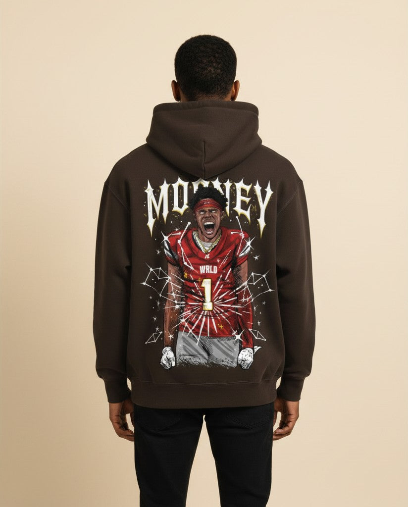 Athlete Xclusive brown heavyweight hoodie with a graphic of a football player yelling, wearing a red jersey with "WRLD 1" on it.