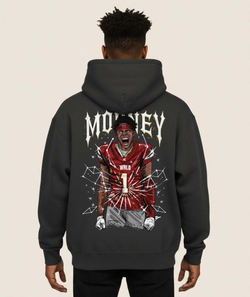 Athlete Xclusive Mooney World Unleashed graphic hoodie in black with a distressed football player graphic on the back.