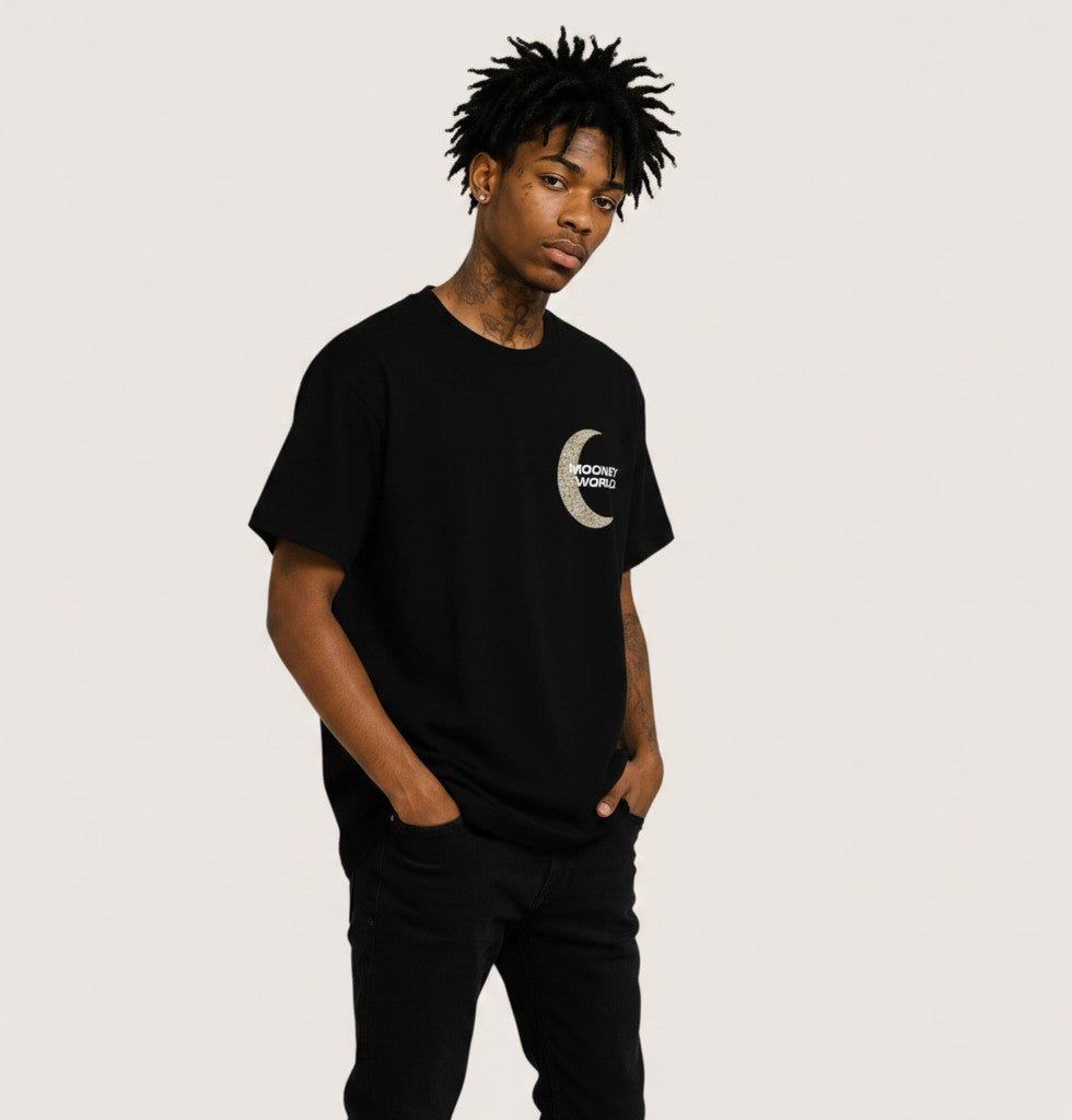 Athlete Xclusive black cotton tee with Mooney World crescent moon logo on chest and graphic on back.
