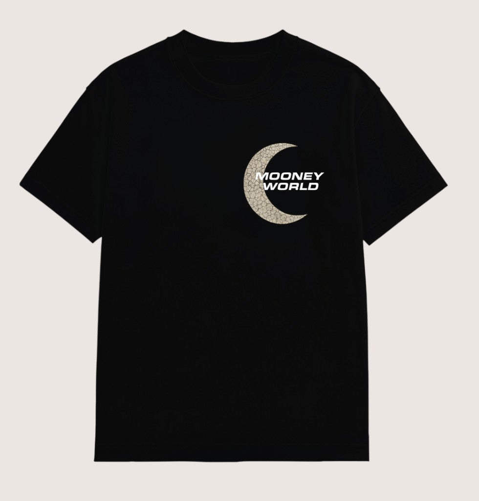 Athlete Xclusive black cotton t-shirt with Mooney World crescent moon logo on front and number 1 graphic on back.