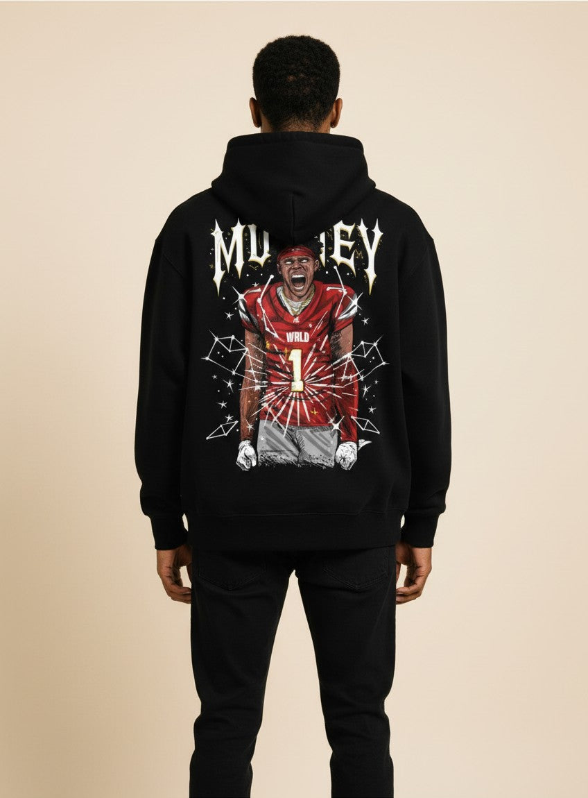 Athlete Xclusive black heavyweight hoodie with "Mooney World: Unleashed" graphic print of a football player. Oversized fit.