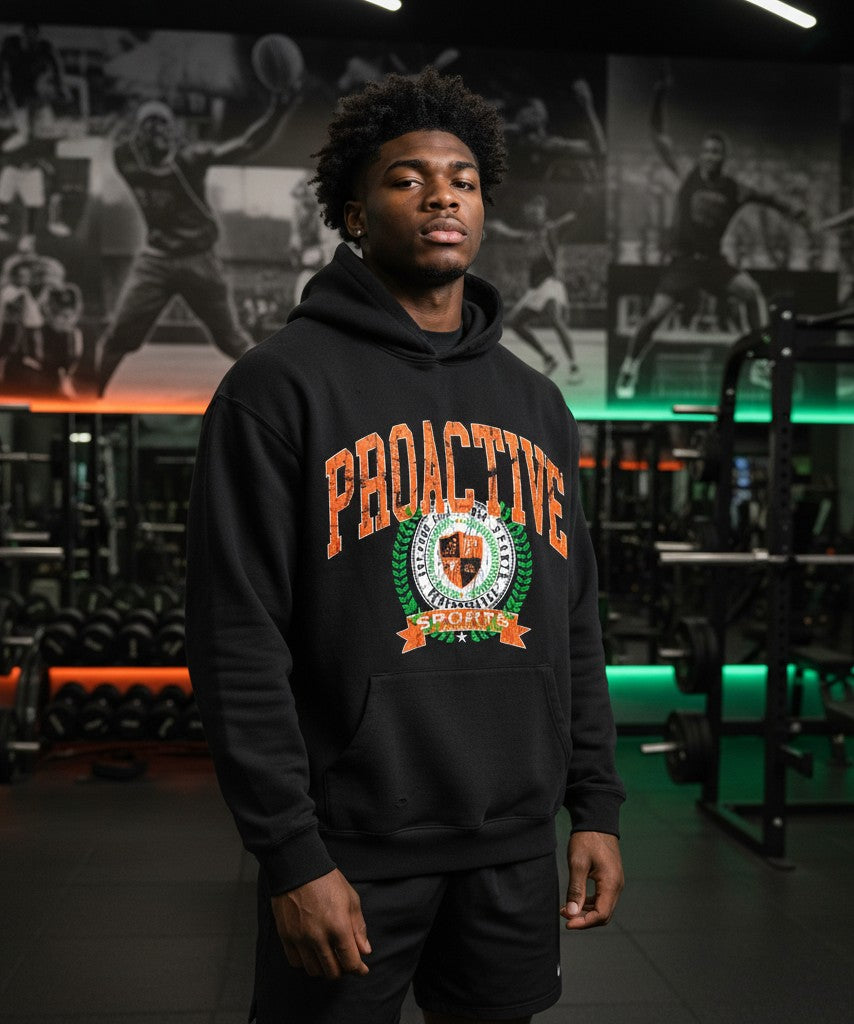 Athlete Xclusive black midweight fleece hoodie with Proactive University graphic across chest and kangaroo pocket.