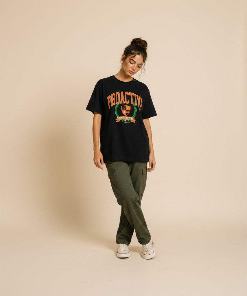 Athlete Xclusive black midweight cotton tee with Proactive University graphic across chest in orange and green.