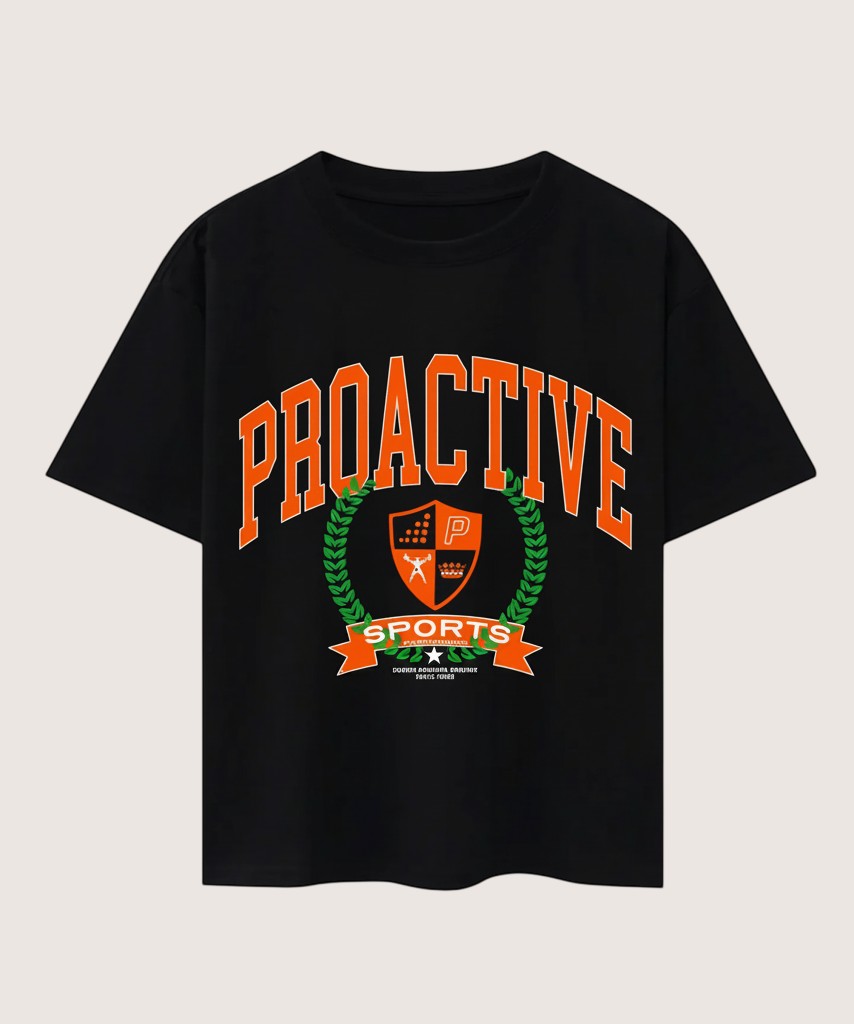 Athlete Xclusive black midweight cotton tee with Proactive University graphic across chest in orange and green.