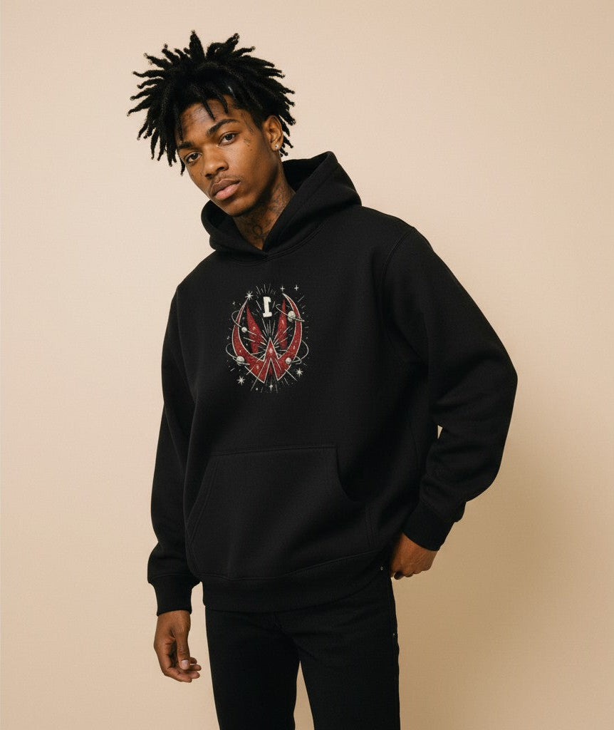 Athlete Xclusive black heavyweight hoodie with a red graphic design featuring the number 1 and cosmic elements.