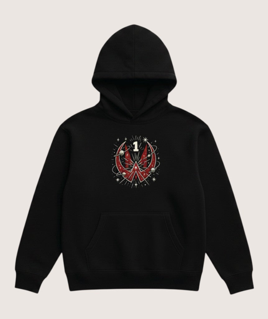 Athlete Xclusive black heavyweight hoodie with a red graphic featuring the number 1 and cosmic details. Oversized fit.