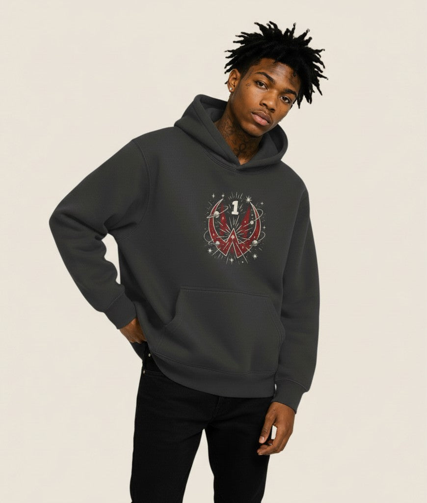 Athlete Xclusive dark grey heavyweight hoodie with a red and white cosmic graphic featuring the number 1.