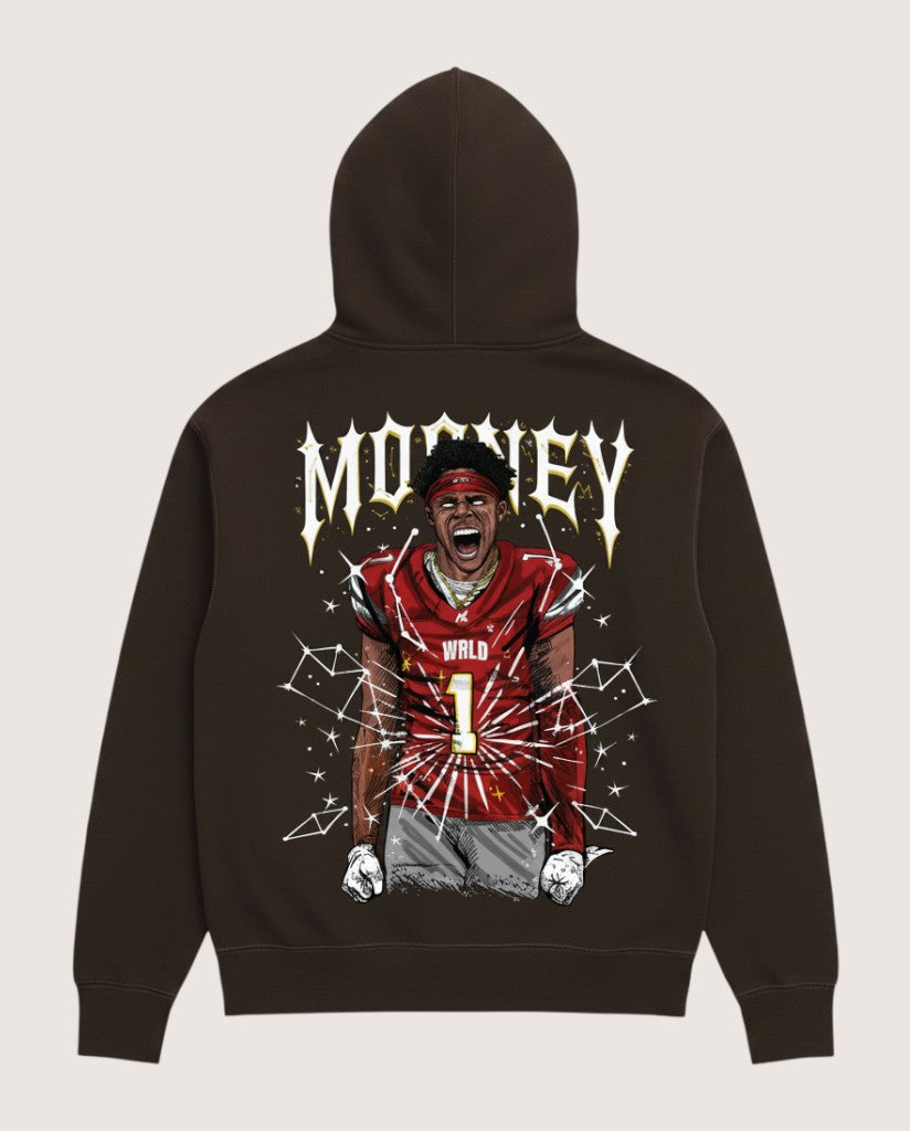 Athlete Xclusive Unleashed hoodie with graphic of a football player in a red jersey, number 1, and cosmic details.
