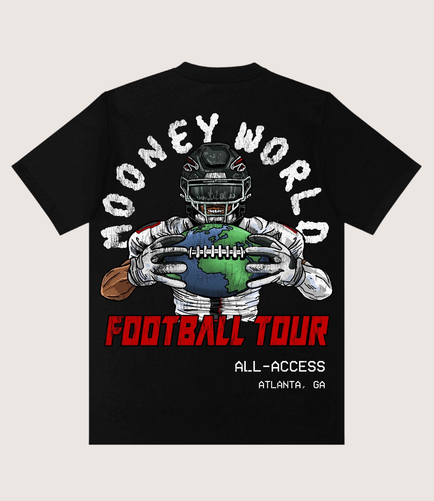 Athlete Xclusive black cotton t-shirt with a football player graphic holding a globe football. Features "MooneyWorld Football Tour All-Access Atlanta, GA" text.