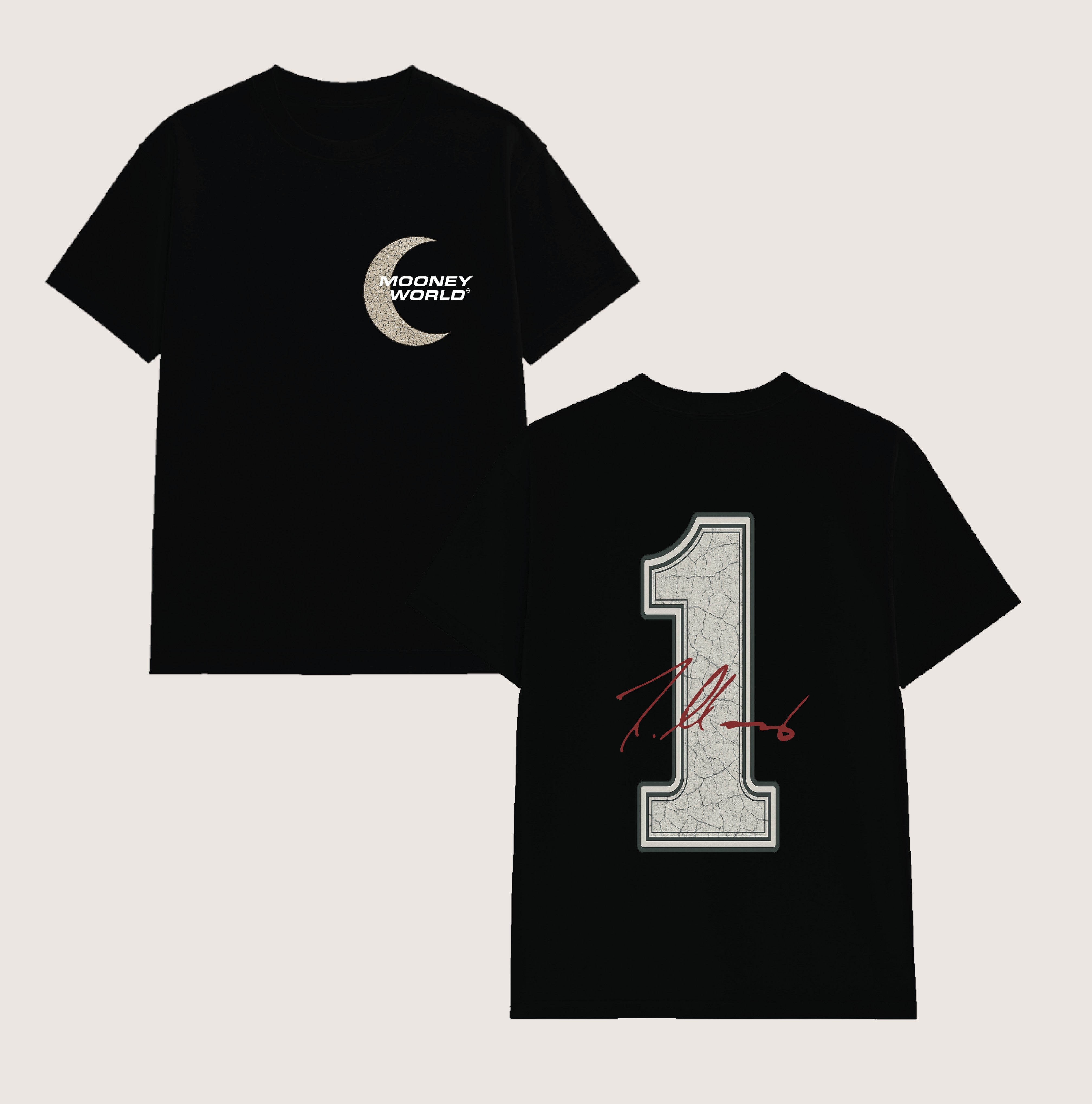 Athlete Xclusive black cotton t-shirt with Dri-Fit lining, featuring a crescent moon logo on the front and a large number 1 graphic with autograph on the back.
