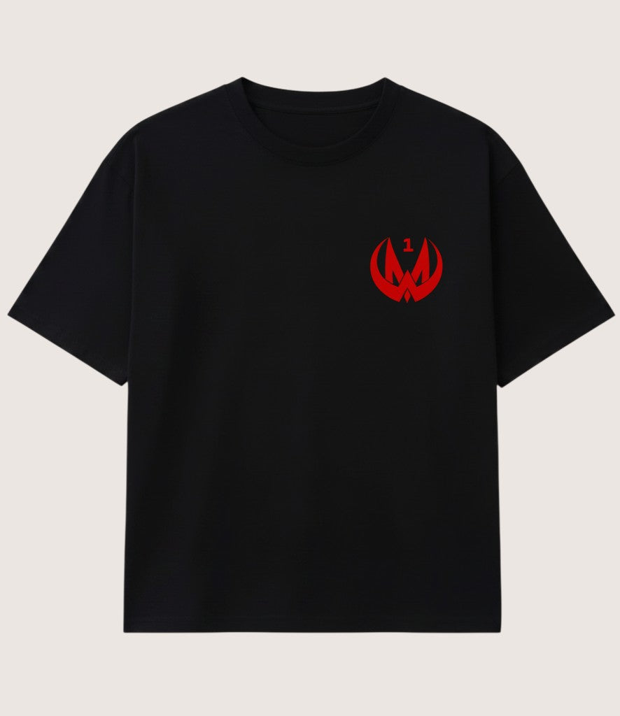Athlete Xclusive black cotton t-shirt with red MooneyWorld logo and number 1 on the chest.