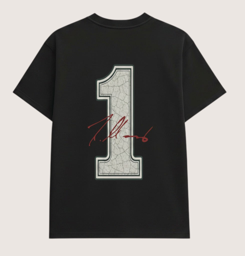 Athlete Xclusive black cotton t-shirt with cracked number 1 graphic and signature on back. Unisex fit.