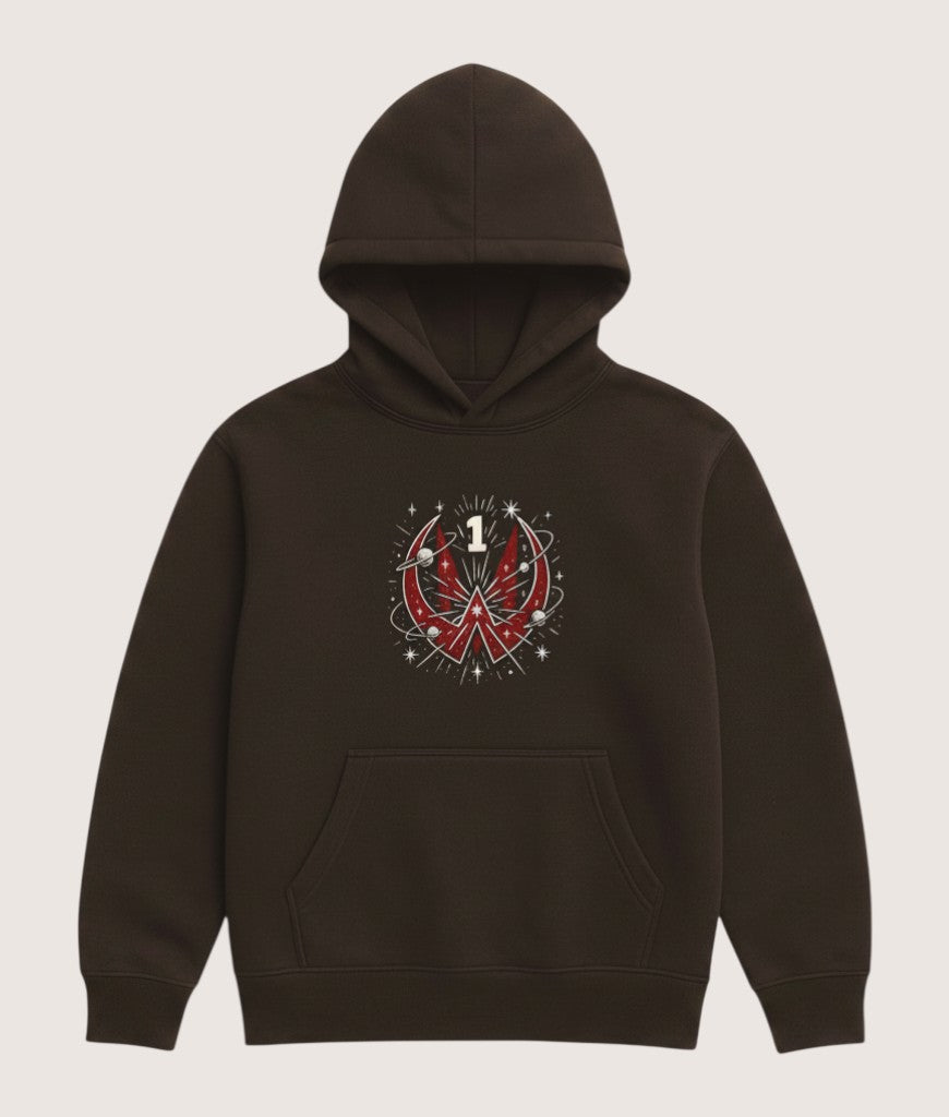 Athlete Xclusive brown heavyweight hoodie with a red cosmic graphic featuring the number 1 and planets.