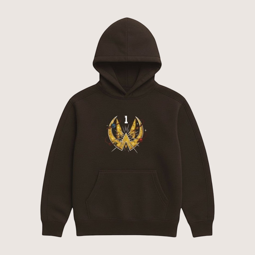Athlete Xclusive brown heavyweight hoodie with a gold comic book graphic featuring the number 1 and celestial elements.