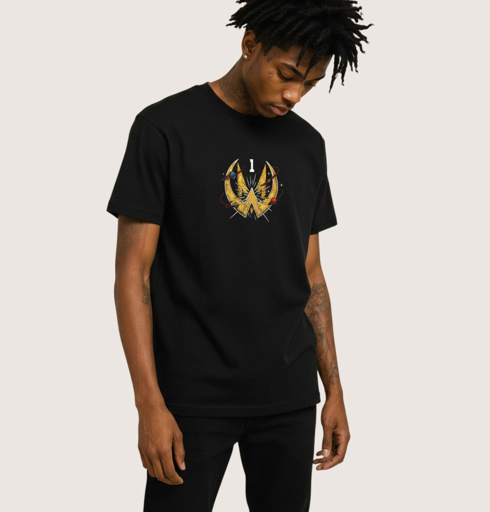 Athlete Xclusive black cotton t-shirt with a gold comic-style graphic featuring a stylized '1' surrounded by planets and stars.