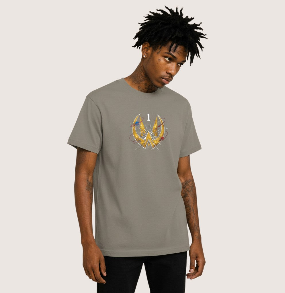Athlete Xclusive grey cotton t-shirt with a gold comic-style graphic featuring the number 1 and a celestial design.