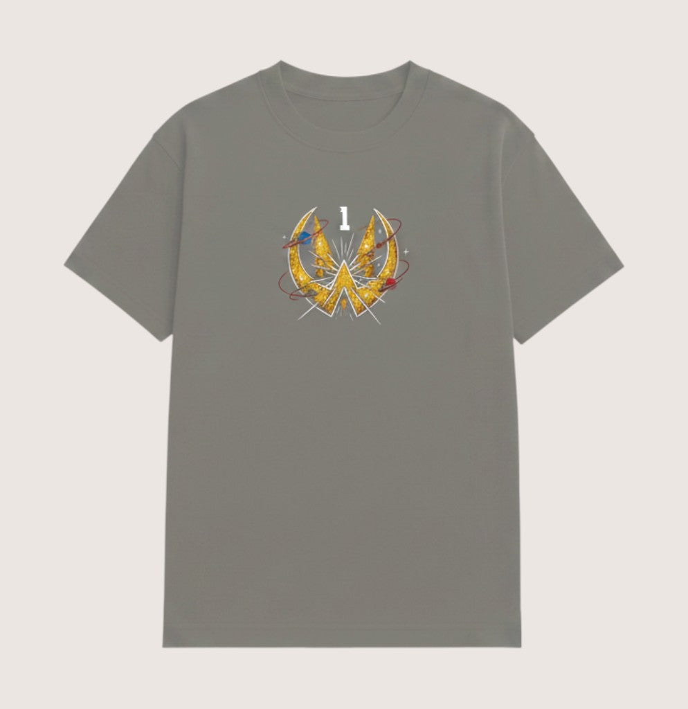 Athlete Xclusive grey cotton t-shirt with a gold graphic featuring a stylized '1' and cosmic elements like planets and stars.