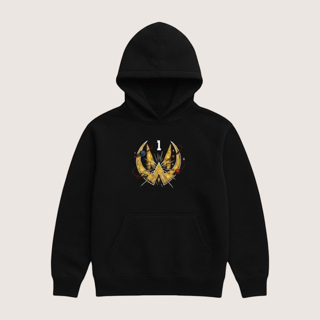 Athlete Xclusive black heavyweight hoodie with a gold comic book graphic featuring the number 1 and colorful planets.
