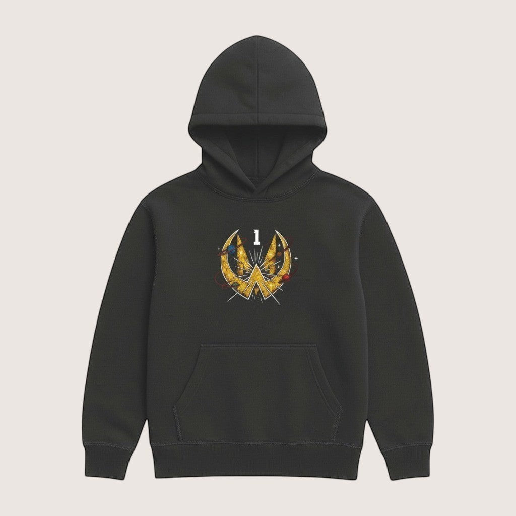 Athlete Xclusive dark grey heavyweight hoodie with a gold comic book style graphic featuring the number 1.