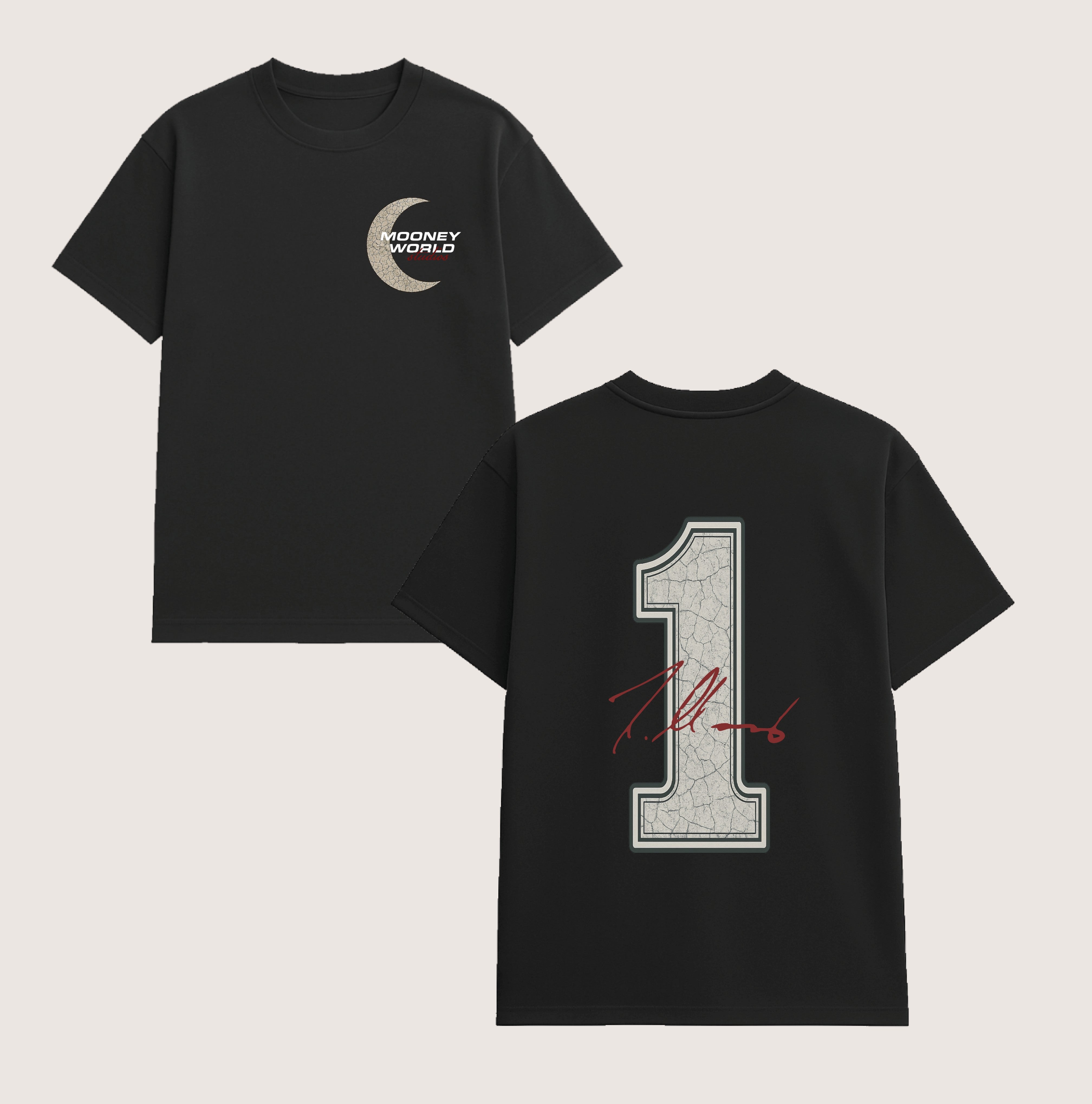 Athlete Xclusive black cotton tee with Mooney World logo on front and large number 1 graphic on back.