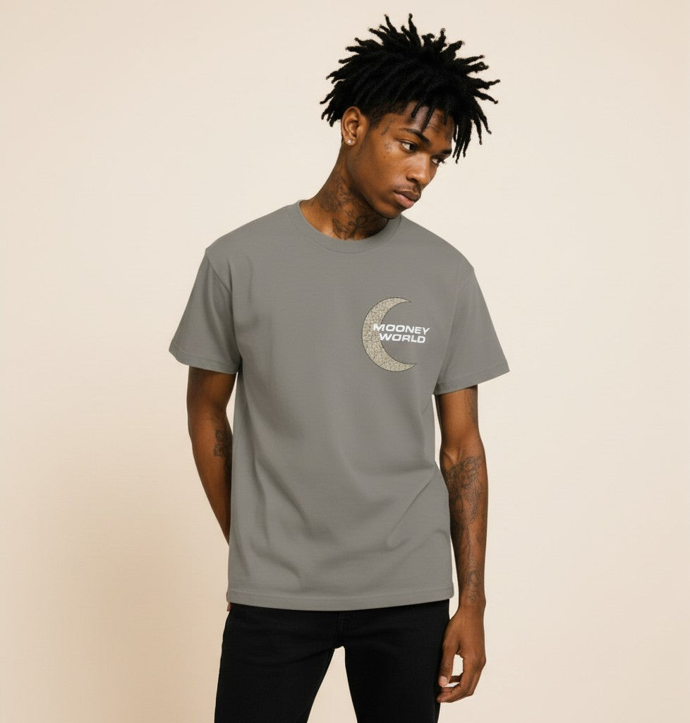 Athlete Xclusive The 1 Tee in gray, featuring a crescent moon logo with Mooney World text on the front. Cotton face with Dri-Fit lining.
