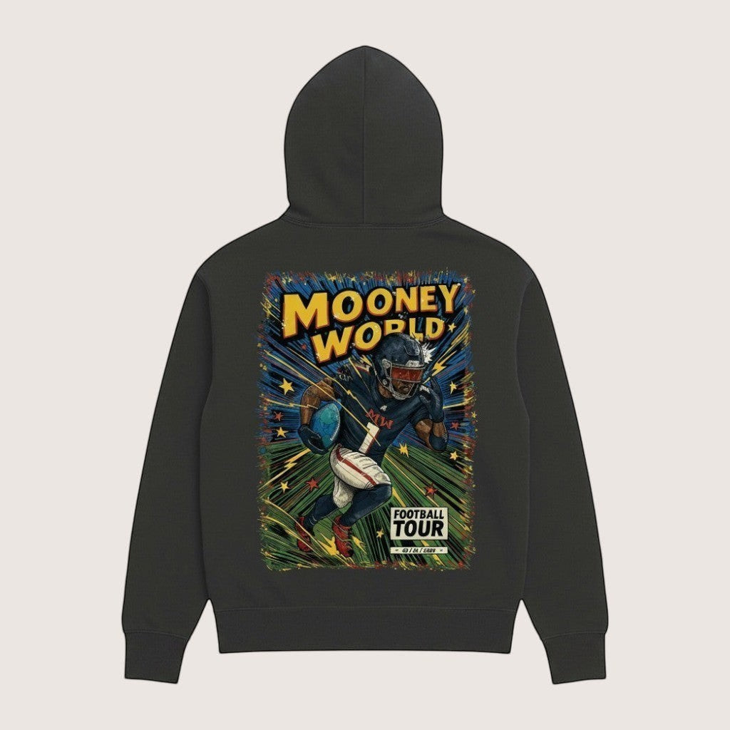 Athlete Xclusive Mooney World Comic Book Hoodie featuring a football player running with the ball, comic book style graphic, oversized fit.