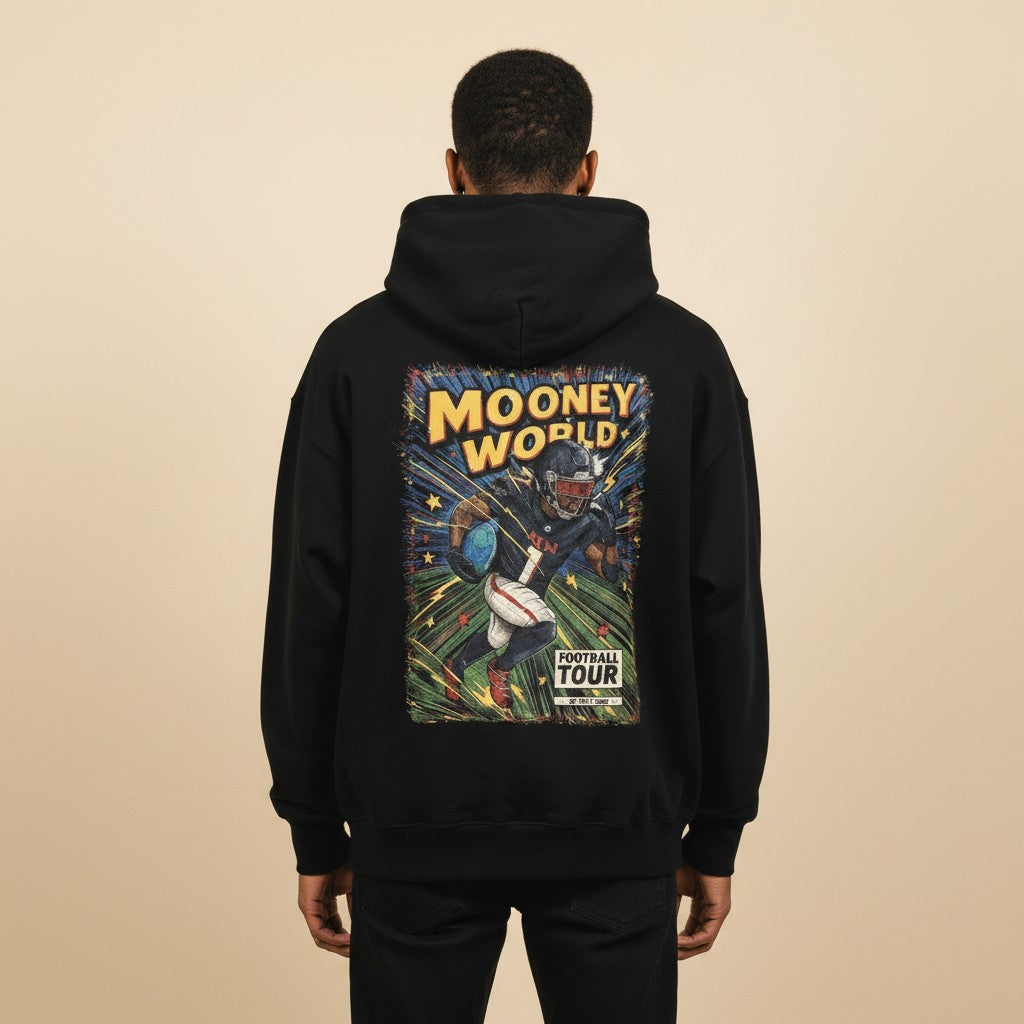 Athlete Xclusive black heavyweight hoodie with Mooney World Football Tour graphic print on back.