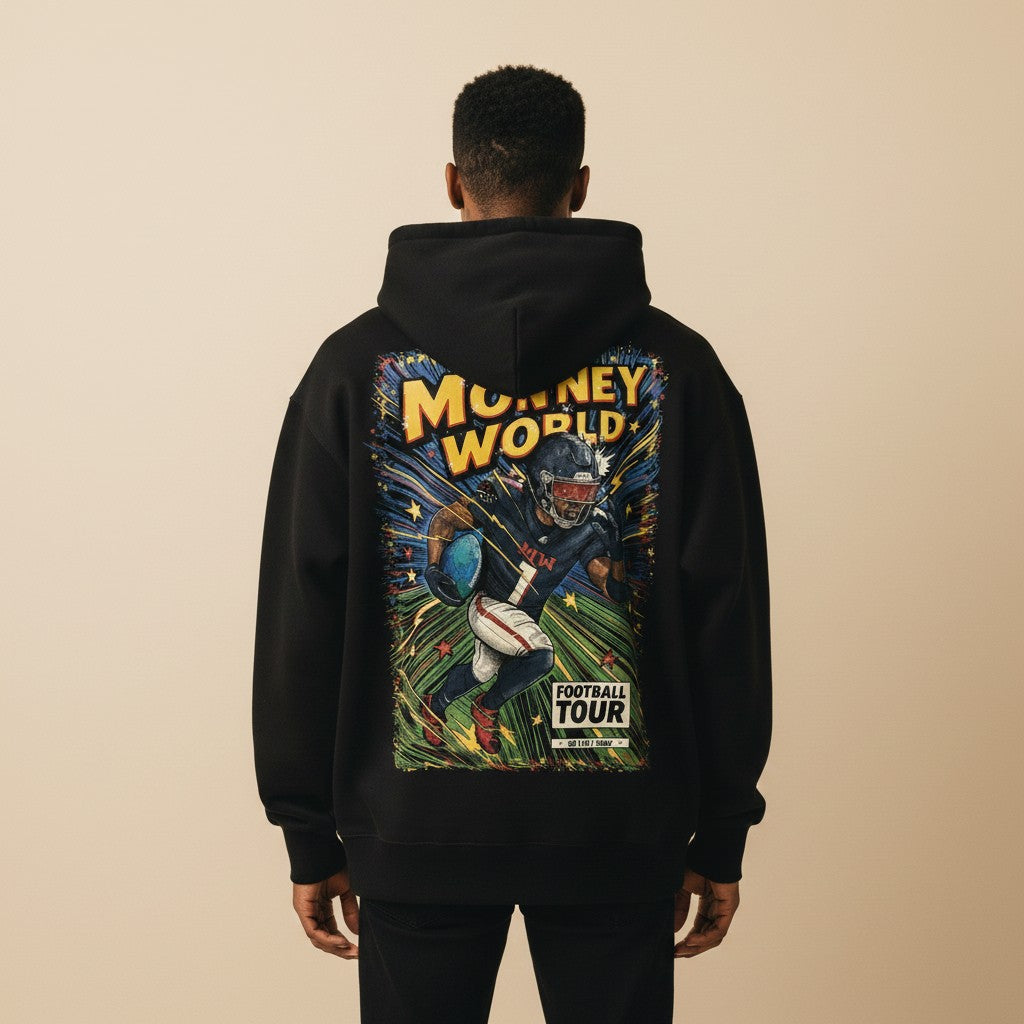 Athlete Xclusive black heavyweight hoodie with Mooney World comic graphic and football player running.