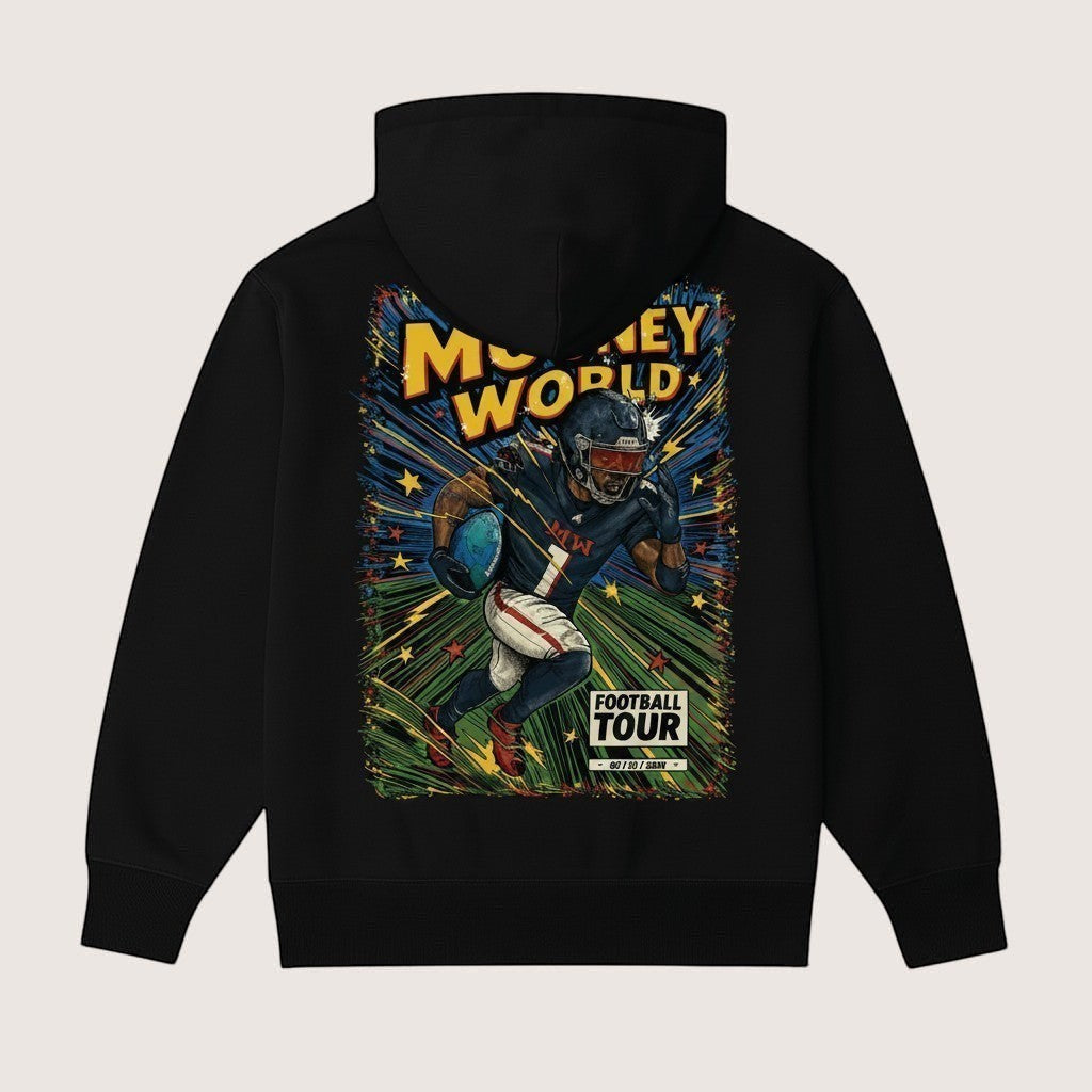 Athlete Xclusive black heavyweight hoodie with a comic book style graphic of a football player running. Features "Mooney World Football Tour" text.