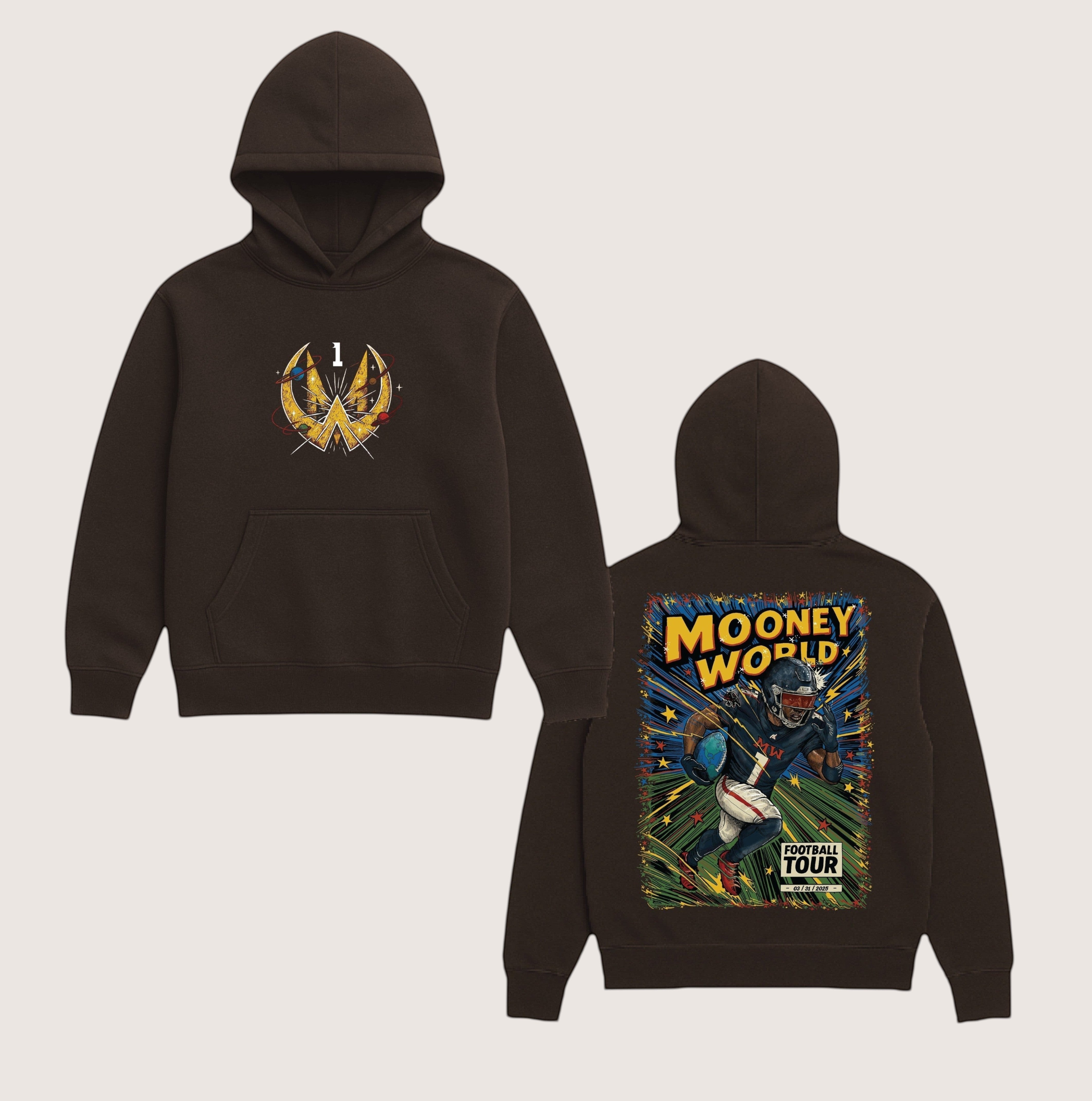 Athlete Xclusive brown heavyweight hoodie with Mooney World comic book graphic on back and logo on front.
